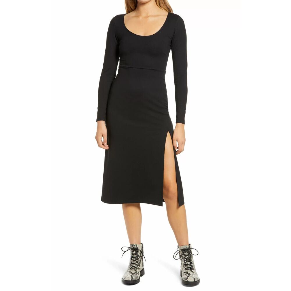 Leith Womens Scoop Neck Long Sleeve Side Slit Midi‎ Dress in Black XS MSRP $49